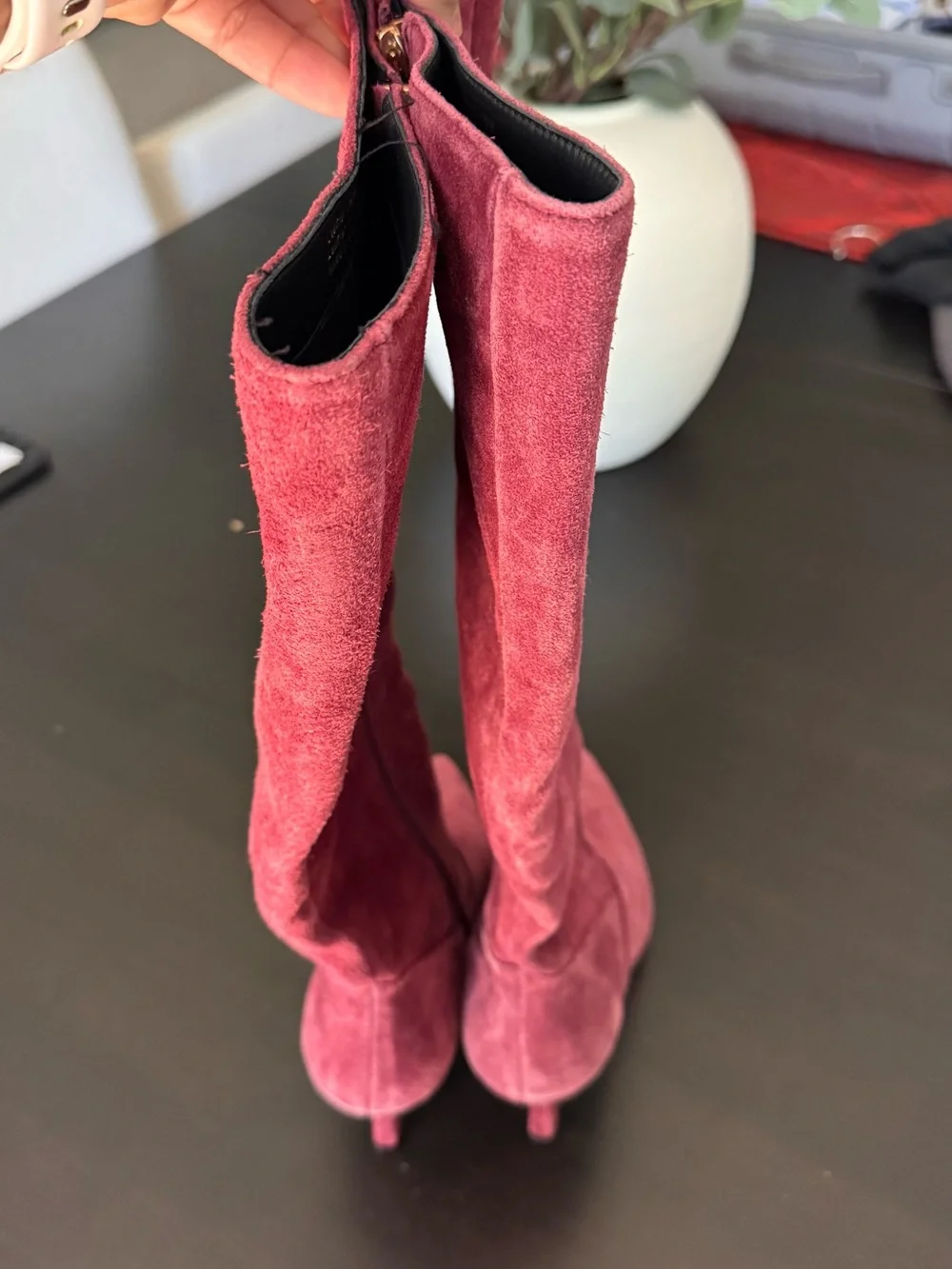 L'AGENCE Burgundy Suede Over-the-Knee Pointed Toe Boot
